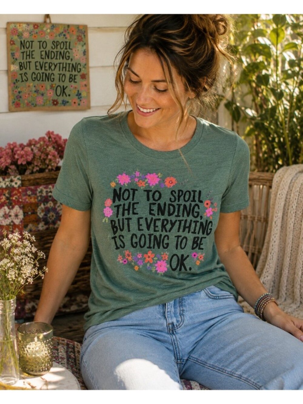 Natural Life Womens Graphic Tee Sz Medium Heather Green Boho T-shirt